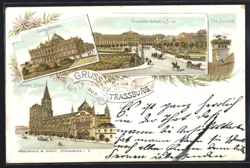 Lithographie Strassburg, Münster, Landesaussstellung und Universitäts-Gebäude