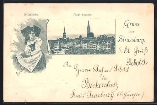AK Strassburg, Ortsansicht und Elsässerin in Tracht