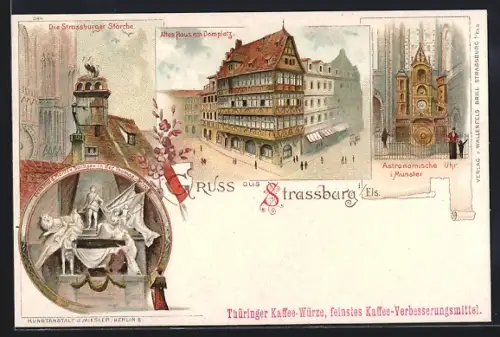 Lithographie Strassburg i. Els., Die Strassburger Störche, Altes Haus am Domplatz, Astronomische Uhr im Münster