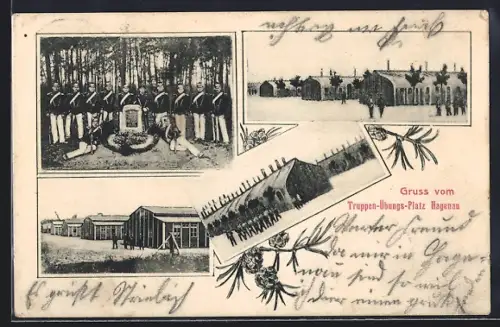 AK Hagenau, Scènes du terrain d`exercice des troupes avec soldats et bâtiments militaires