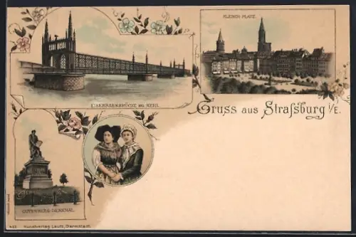 Lithographie Strassburg i. Els., Eisenbahnbrücke am Kehl, Denkmal, Kleber Platz