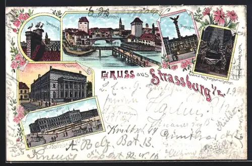 Lithographie Strassburg i. E., Theater, Gedeckte Brücke, Denkmal