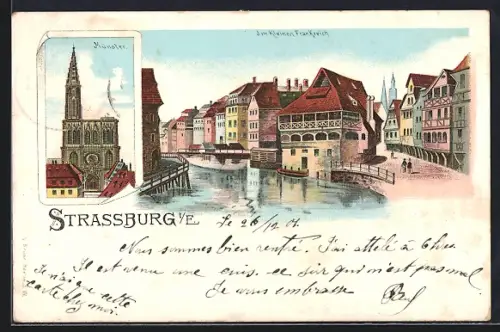 Lithographie Strassburg i. E., Münster und Partie im kleinen Frankreich