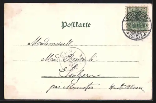 Lithographie Strassburg i. E., Münster und Partie im kleinen Frankreich