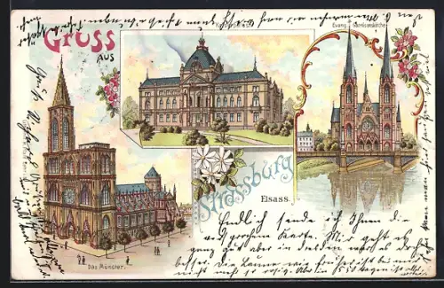 Lithographie Strassburg /Elsass, Münster, Evang. Kirche