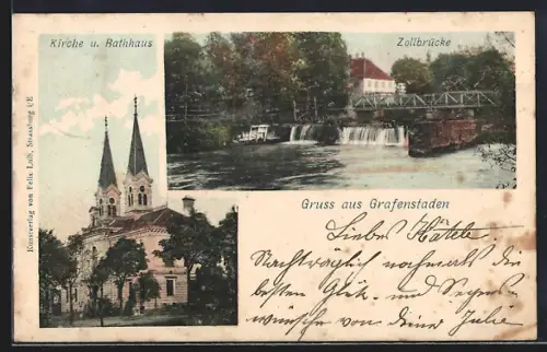 AK Grafenstaden, Kirche u. Rathaus, Zollbrücke