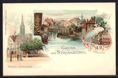 Lithographie Strassburg, Alter Fischmarkt, Kaufhausgasse