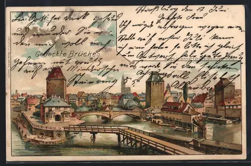 Lithographie Strassburg, Flusspartie mit gedeckten Brücken