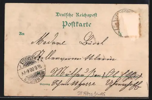 Lithographie Strassburg, Flusspartie mit gedeckten Brücken