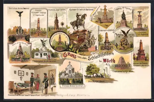 Lithographie Wörth a. S., Monuments commémoratifs des champs de bataille et scènes historiques