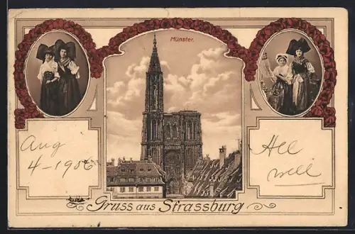 AK Strasbourg, Vue de la cathédrale avec habitants en costumes traditionnels