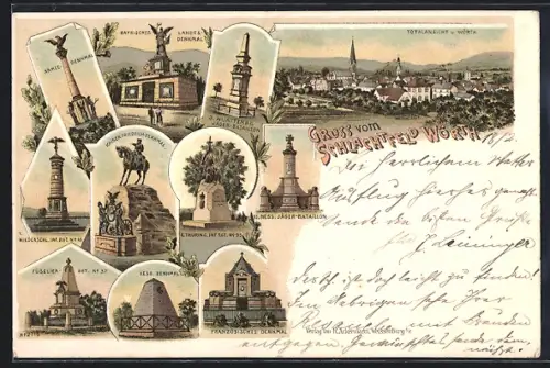 Lithographie Wörth a. S., Monuments commémoratifs des champs de bataille et scènes historiques