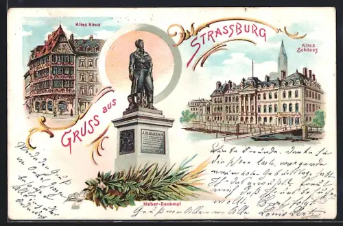Lithographie Strassburg, Altes Haus und Altes Schloss, Kleber-Denkmal