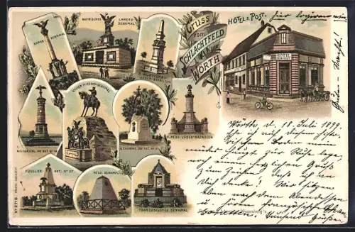 Lithographie Wörth, Hotel z. Post, Kriegerdenkmäler