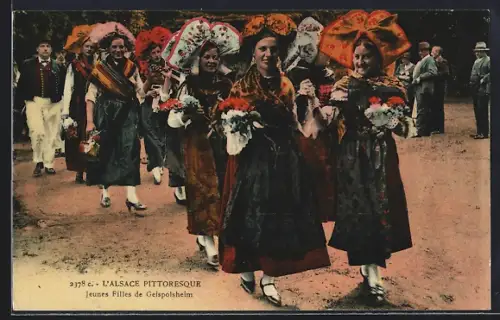 AK Geispolsheim /Alsace, Jeunes filles en costumes traditionnels lors d`une fête locale