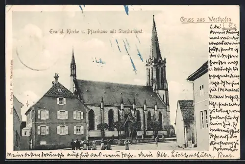 AK Westhofen i. Els., Evang, Kirche u. Pfarrhaus mit Storchennest