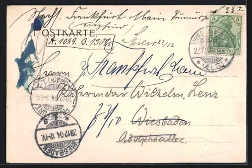 AK Westhofen i. Els., Evang, Kirche u. Pfarrhaus mit Storchennest