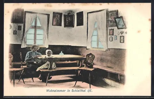 AK Schleithal i. E., Frau und Kind im Wohnsimmer