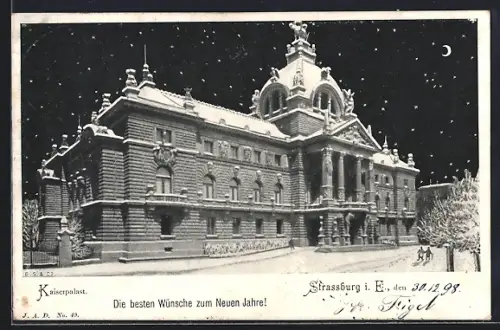 Mondschein-AK Strassburg, Kaiserspalast im Schnee, Neujahr