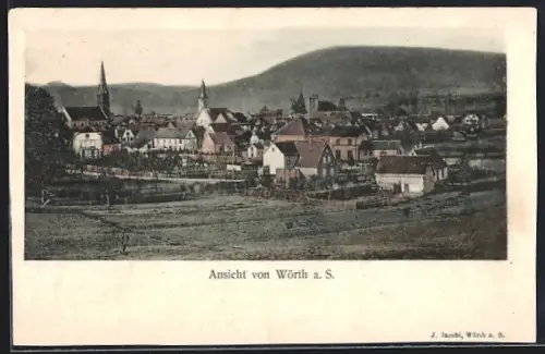 AK Wörth a. S., Vue panoramique du village avec église et collines en arrière-plan