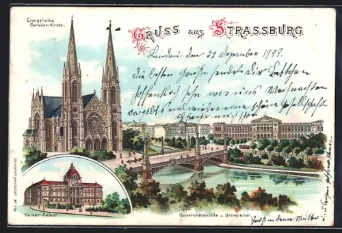 Lithographie Strassburg, Evang. Garnisonskirche, Kaiser-Palast