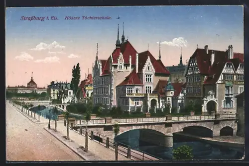 AK Strassburg i. Els., Höhere Töchterschule mit Brücke