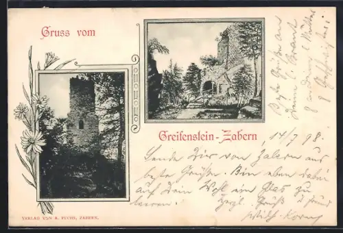 AK Zabern, Vue des ruines du château de Greifenstein et tour dans la forêt