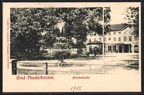 AK Bad Niederbronn, Promenade avec fontaine et bâtiments en arrière-plan
