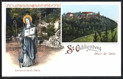 AK Mont Sainte-Odile, Statue de sainte Odile et vue du monastère sur la colline