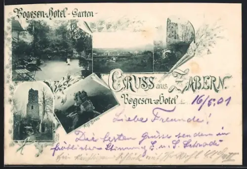 AK Zabern, Vogesen-Hotel et vues du jardin et des ruines historiques