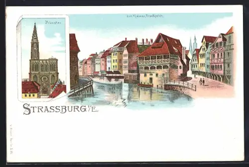 Lithographie Strassburg i. E., Münster, Im kleinen Frankreich