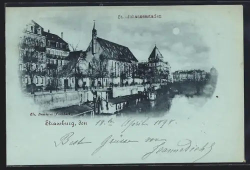 Mondschein-AK Strasbourg, St. Johannesstaden et la rivière Ill