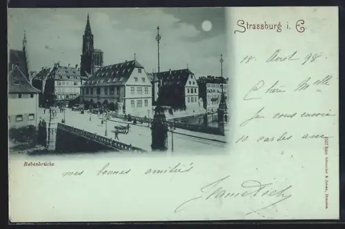 Mondschein-AK Strassburg i. E, Blick auf die Rabenbrücke im Vollmondlicht
