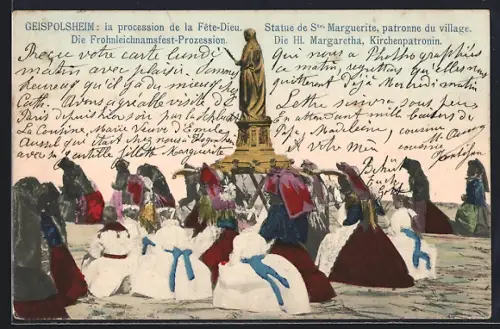 AK Geispolsheim, la procession de la Fête-Dieu et la statue de Ste-Marguerite