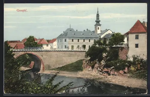 AK Gospic, Brücke mit Blick auf die Kirche