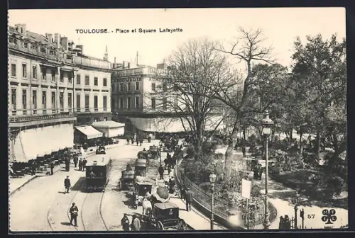 AK Toulouse, place et square Lafayette, Strassenbahn