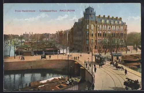 AK Amsterdam, Prins Hendrikkade, Scheepvaarthuis, Strassenbahn