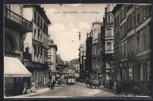AK Mulhouse, Rue du Sauvage, Strassenbahn