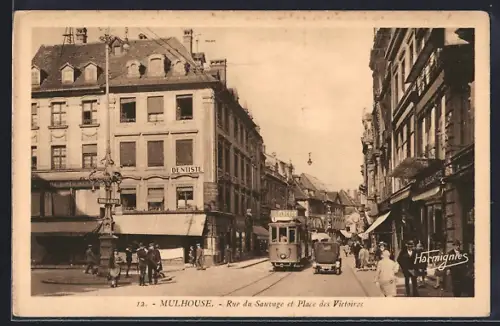 AK Mulhouse, Rue du Sauvage et Place des Victoires, Strassenbahn