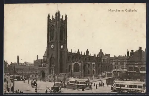 AK Manchester, Cathedral, Strassenbahn