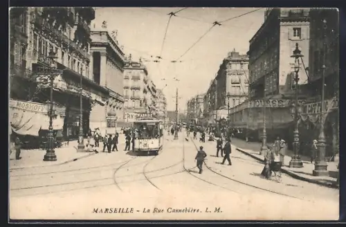 AK Marseille, La Rue Cannebière, Strassenbahn