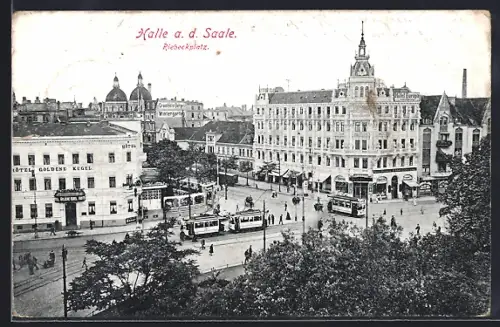 AK Haale a. d. Saale, Partie am Riebeckplatz, Strassenbahn