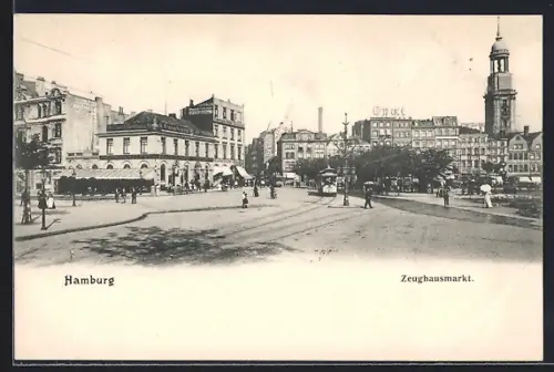 AK Hamburg, Zeughausmarkt mit Michel, Strassenbahn