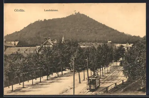 AK Görlitz, Partie an der Landskrone, Strassenbahn