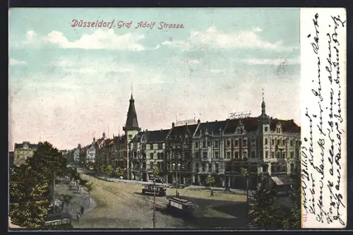 AK Düsseldorf, Kreuzung an der Graf Adolf Strasse, Strassenbahn