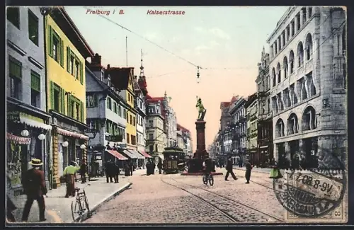 AK Freiburg i. B., Partie an der Kaiserstrasse, Strassenbahn