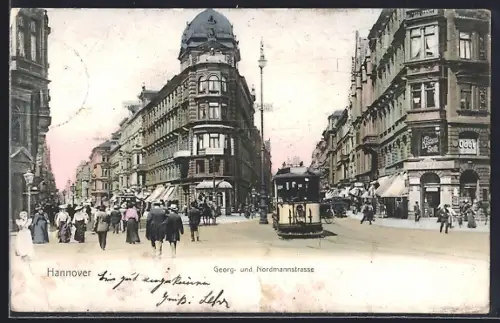 AK Hannover, Gabelung Georgstrasse und Nordmannstrasse mit Strassenbahn