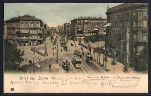 AK Berlin-Tiergarten, Potsdamer Brücke und Potsdamer Strasse mit Geschäften und Strassenbahn