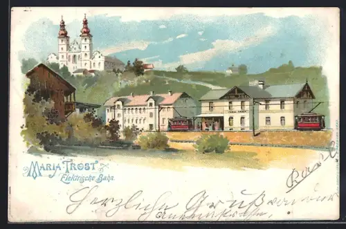 Lithographie Graz, Mariatrost, Ortsansicht mit elektrischer Bahn und Wallfahrtskirche