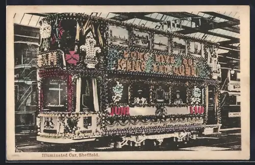 AK Sheffield, Illuminated Car, Strassenbahn
